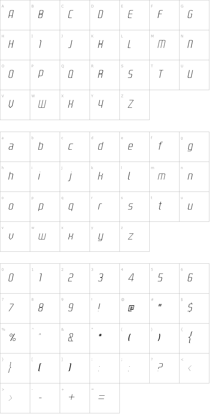 Character Map Kanal-UltraLightItalic Font