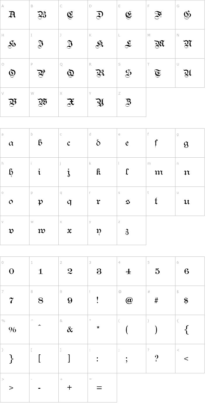 Character Map Kanzlei Light Normal Font