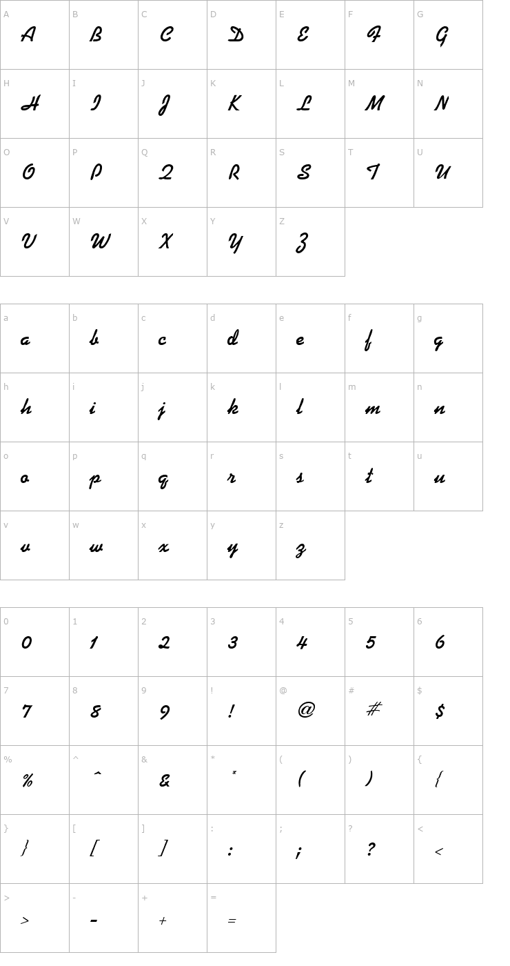 Character Map Kaufmann Script Bold Regular Font