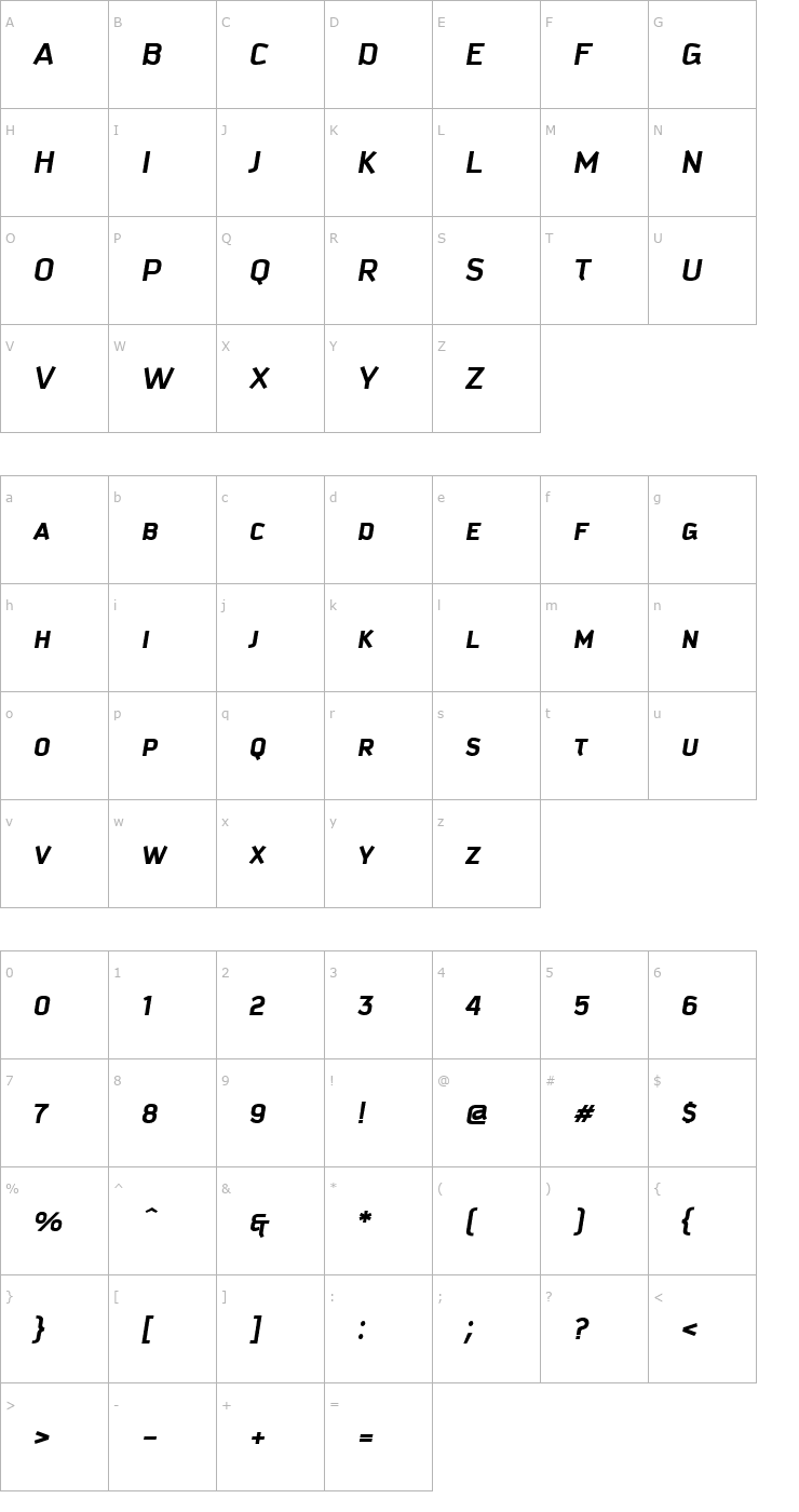 Character Map Kautiva Caps Bold Italic Font