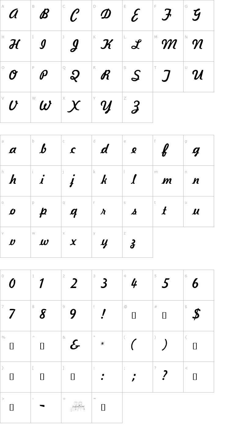Character Map Kavaler Kursive Font