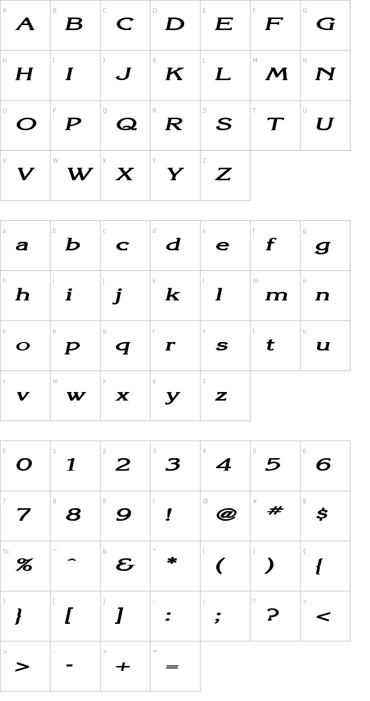 Character Map Keira Extended Bold Italic Font