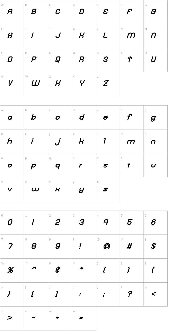 Character Map Kelly Bold Italic Font