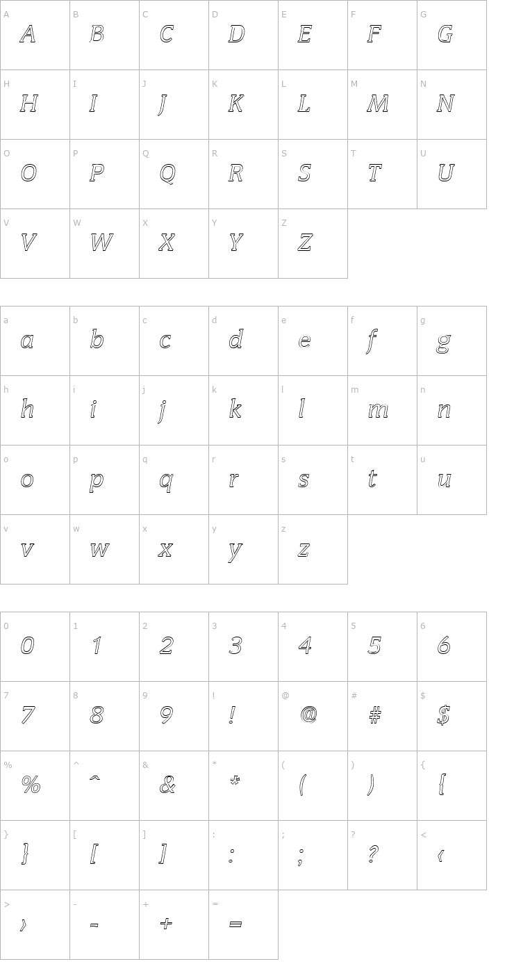 Character Map KevinBeckerOutline-Italic Font