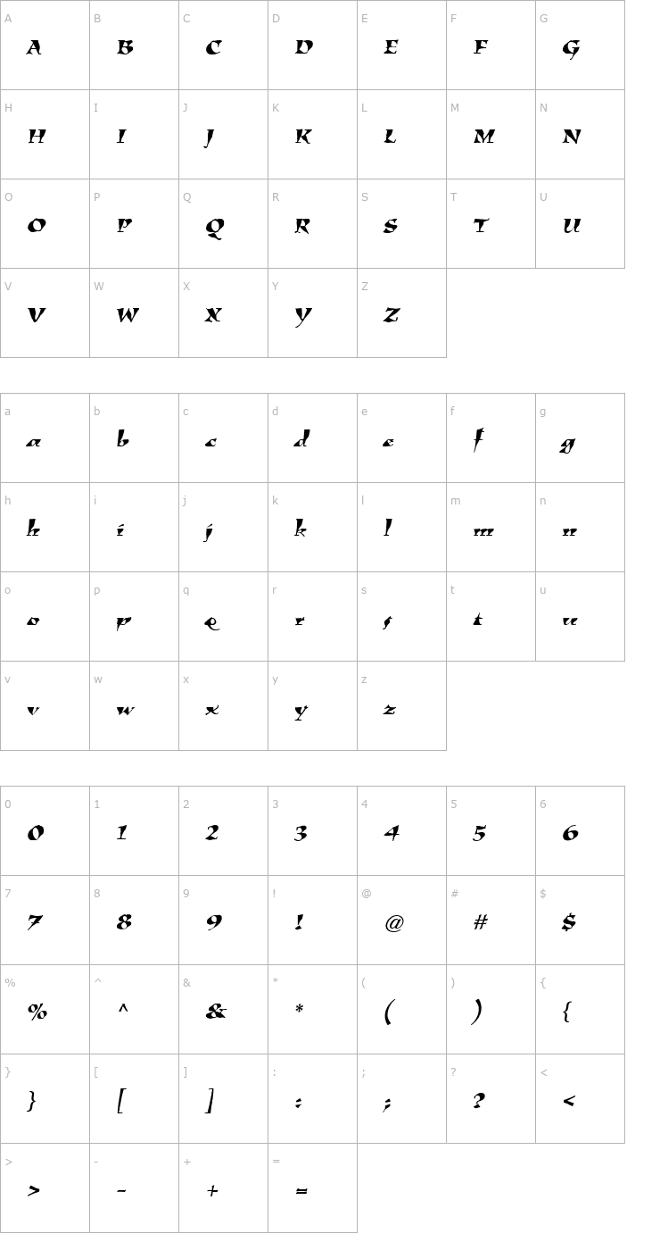 Character Map KigaliLx-Italic Font
