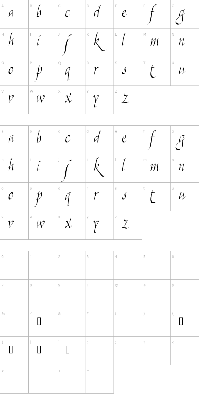 Character Map Killigraphy Font