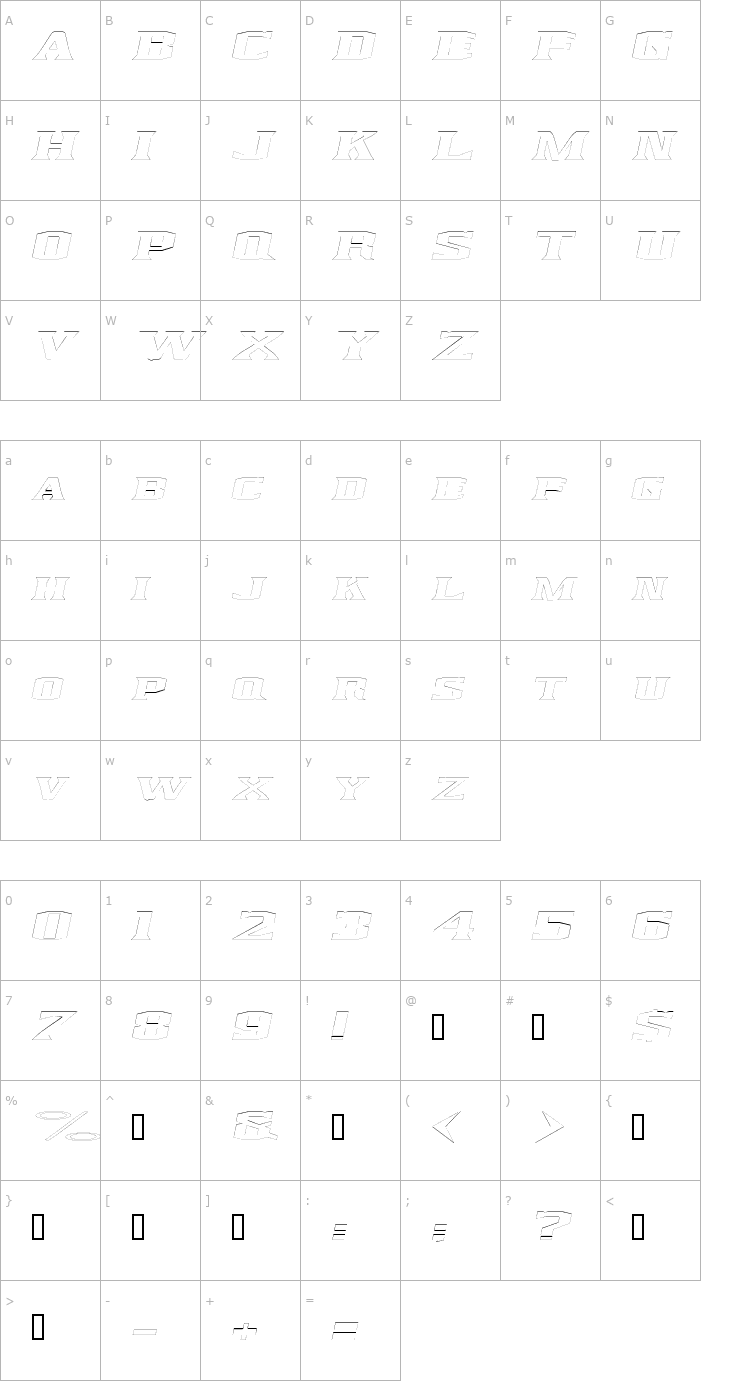 Character Map KingfreshCondensedOutline Italic Font