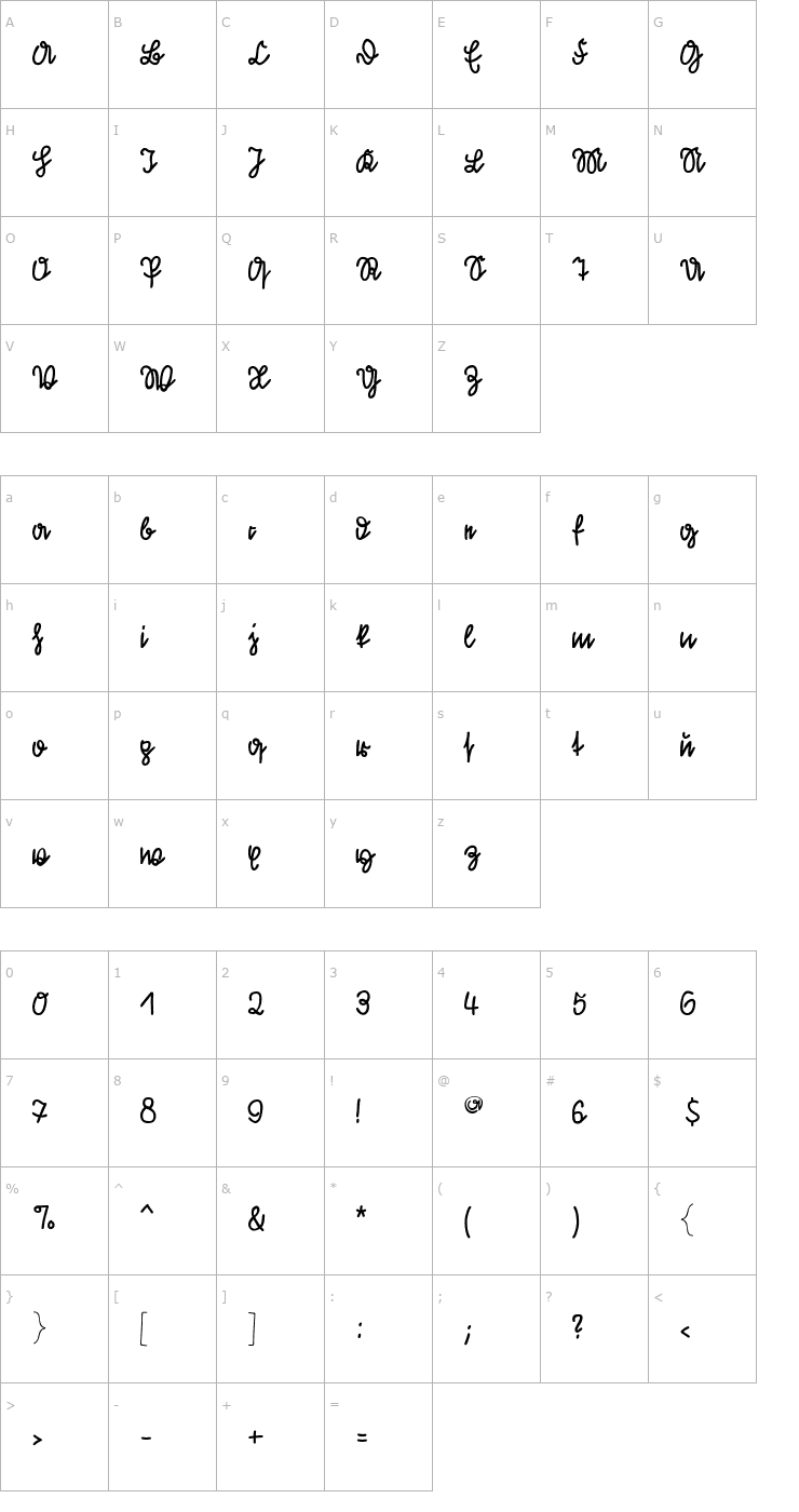 Character Map KleinsFirstScript Font