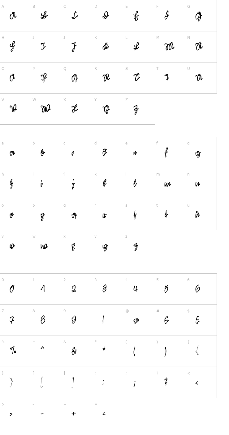 Character Map KleinsFirstScriptPark-Medium Font