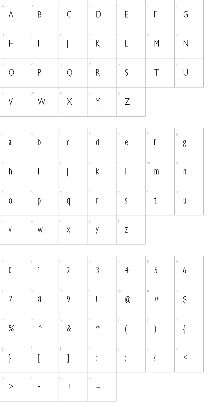 Character Map KlillLightCondensed Font