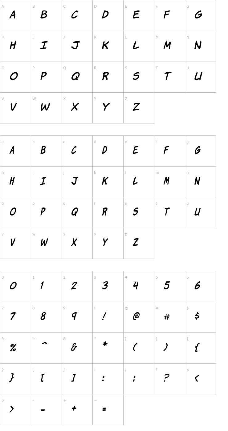 Character Map Komika Jam Italic Font