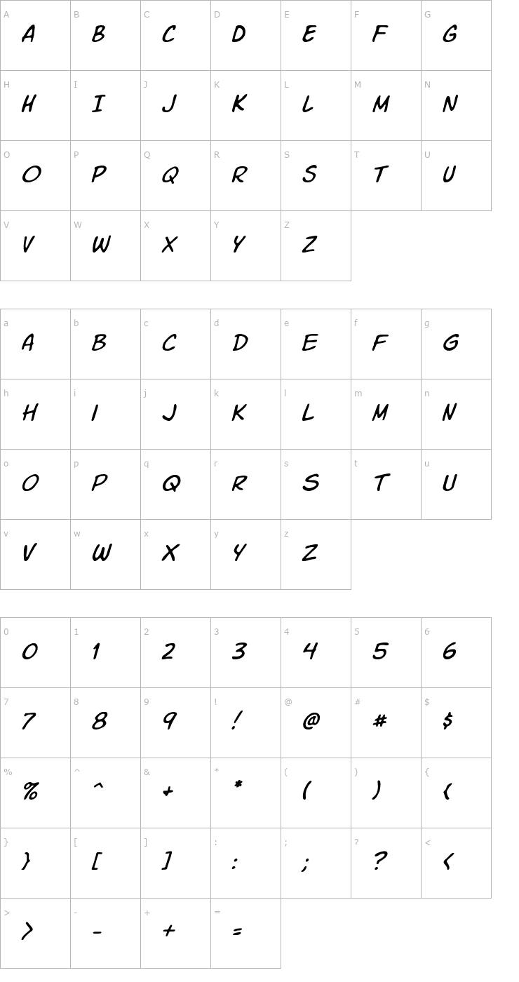 Character Map Komika Slim Italic Font