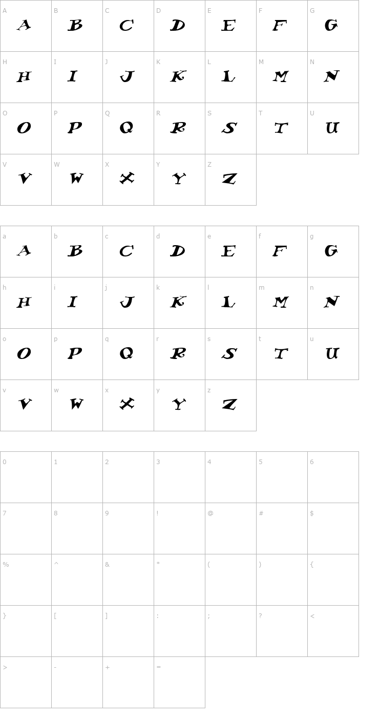 Character Map KoolKapsDisplayHvy Italic Font