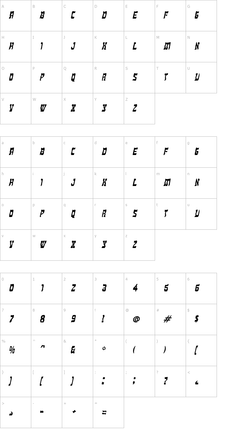 Character Map Kosher Condensed BoldItalic Font