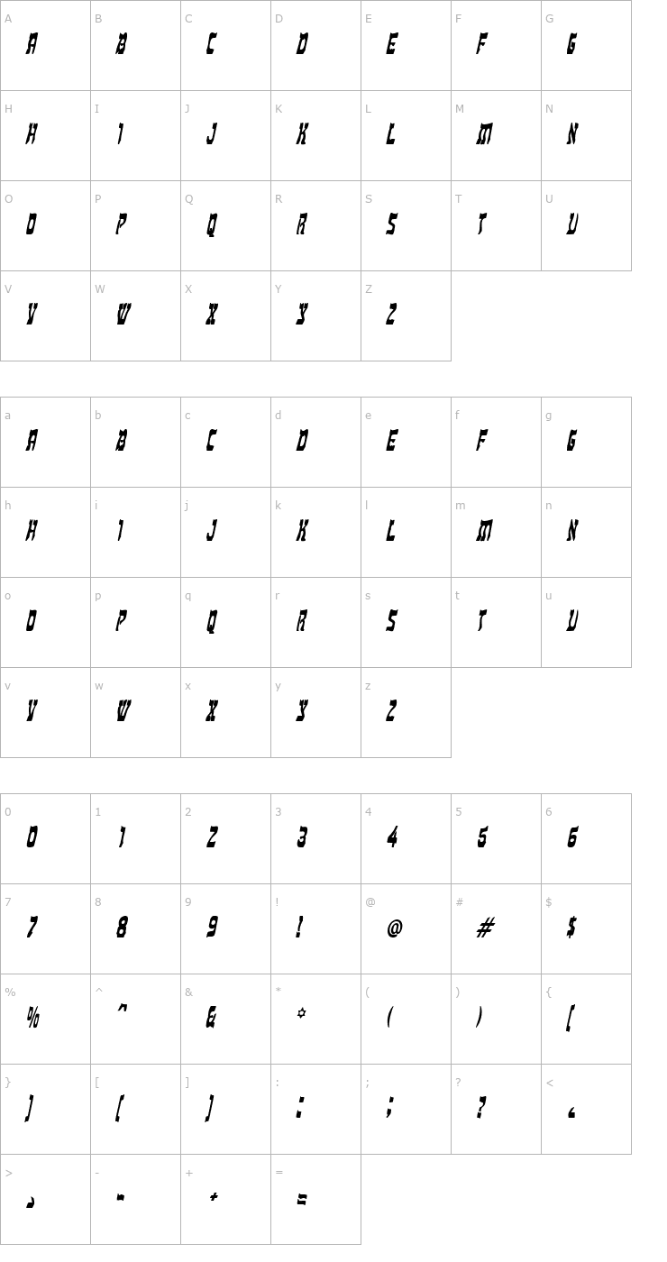 Character Map Kosher Thin BoldItalic Font