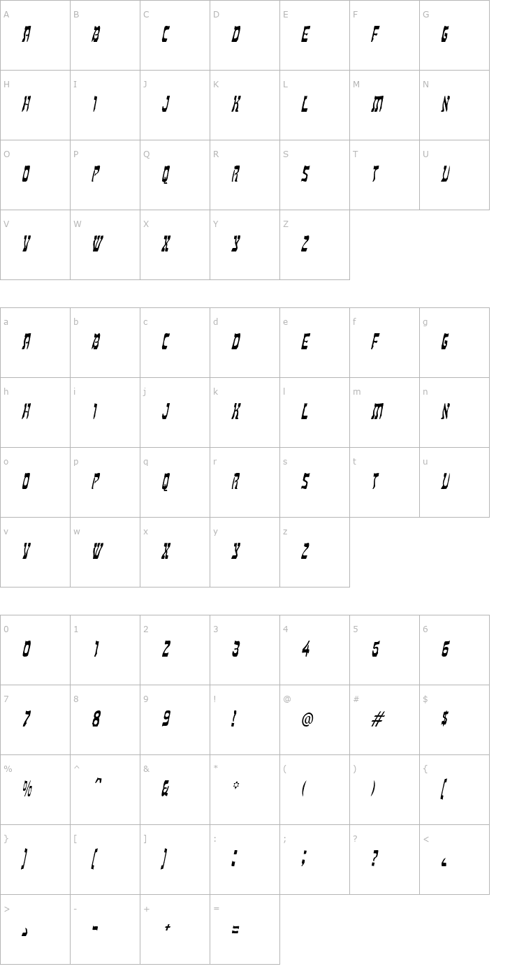 Character Map Kosher Thin Italic Font