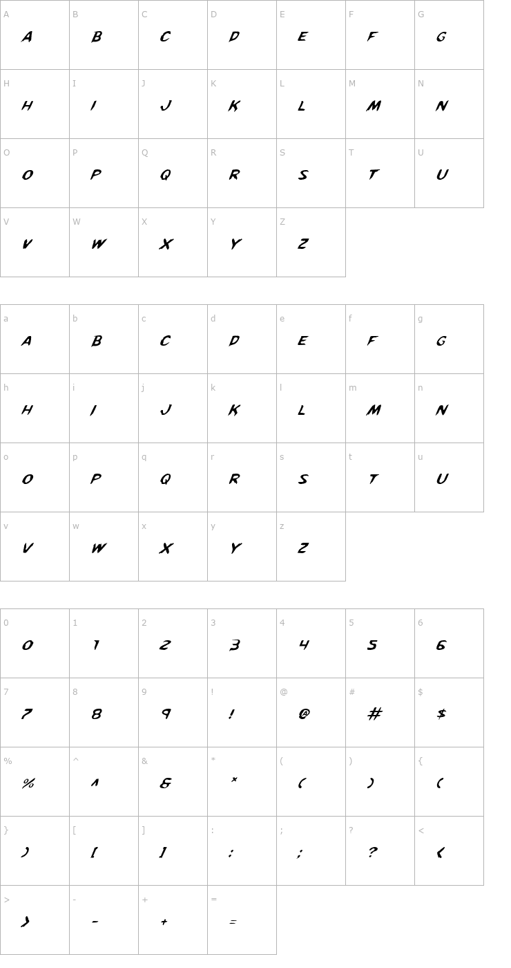 Character Map Kreeture Italic Font