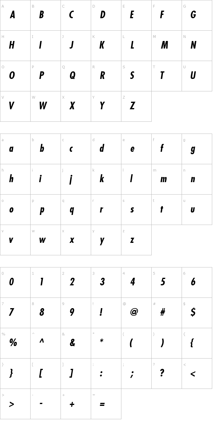 Character Map KudosBlackCondSSK BoldItalic Font