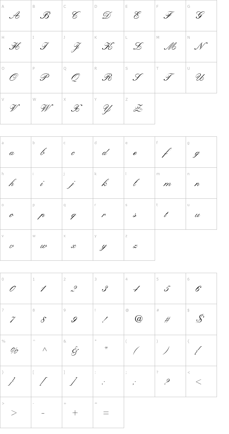Character Map Kuenstler Script Medium Font
