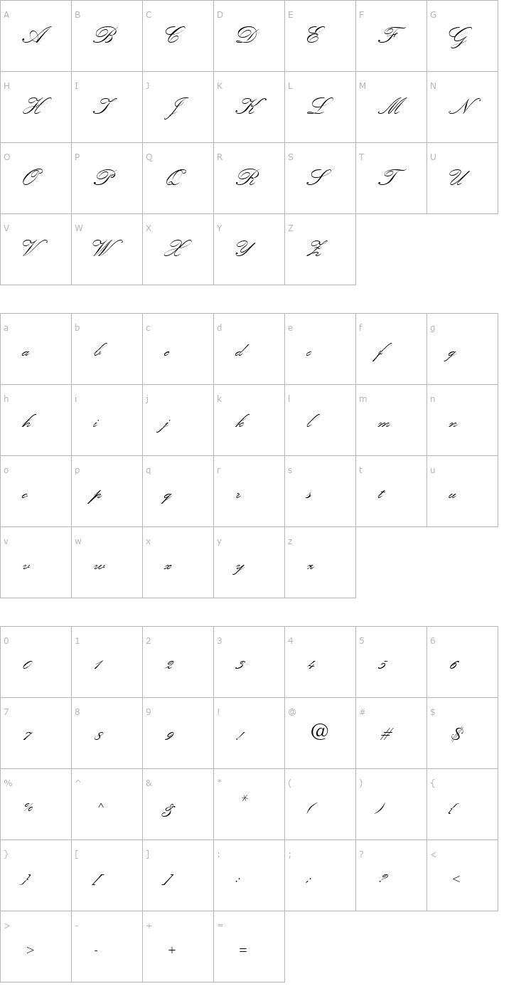 Character Map KuenstlerScriptTwo Bold Font