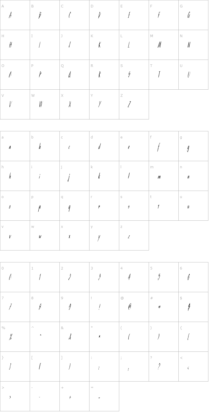 Character Map KurtzCondensed Italic Font