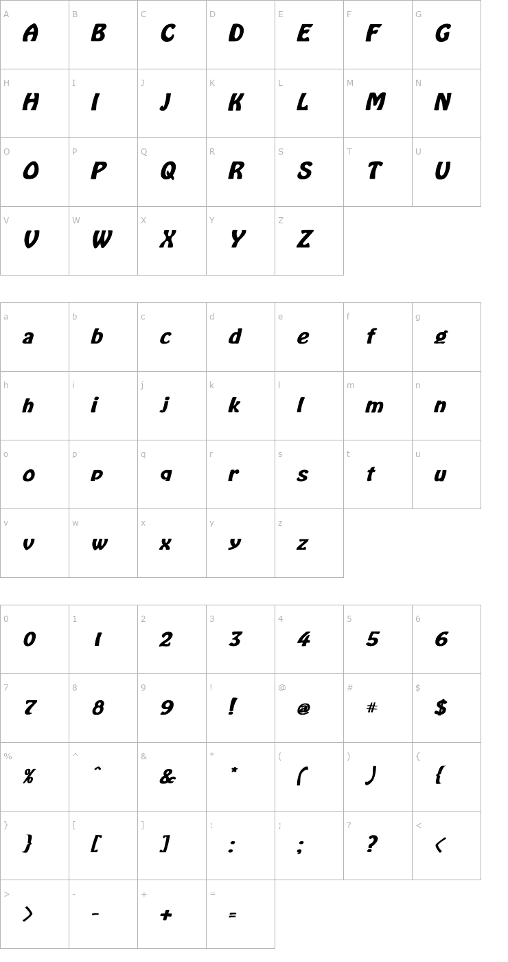 Character Map LaCosta Bold Italic Font