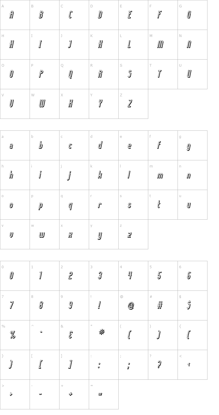 Character Map Lady Ice - 3D Italic Font