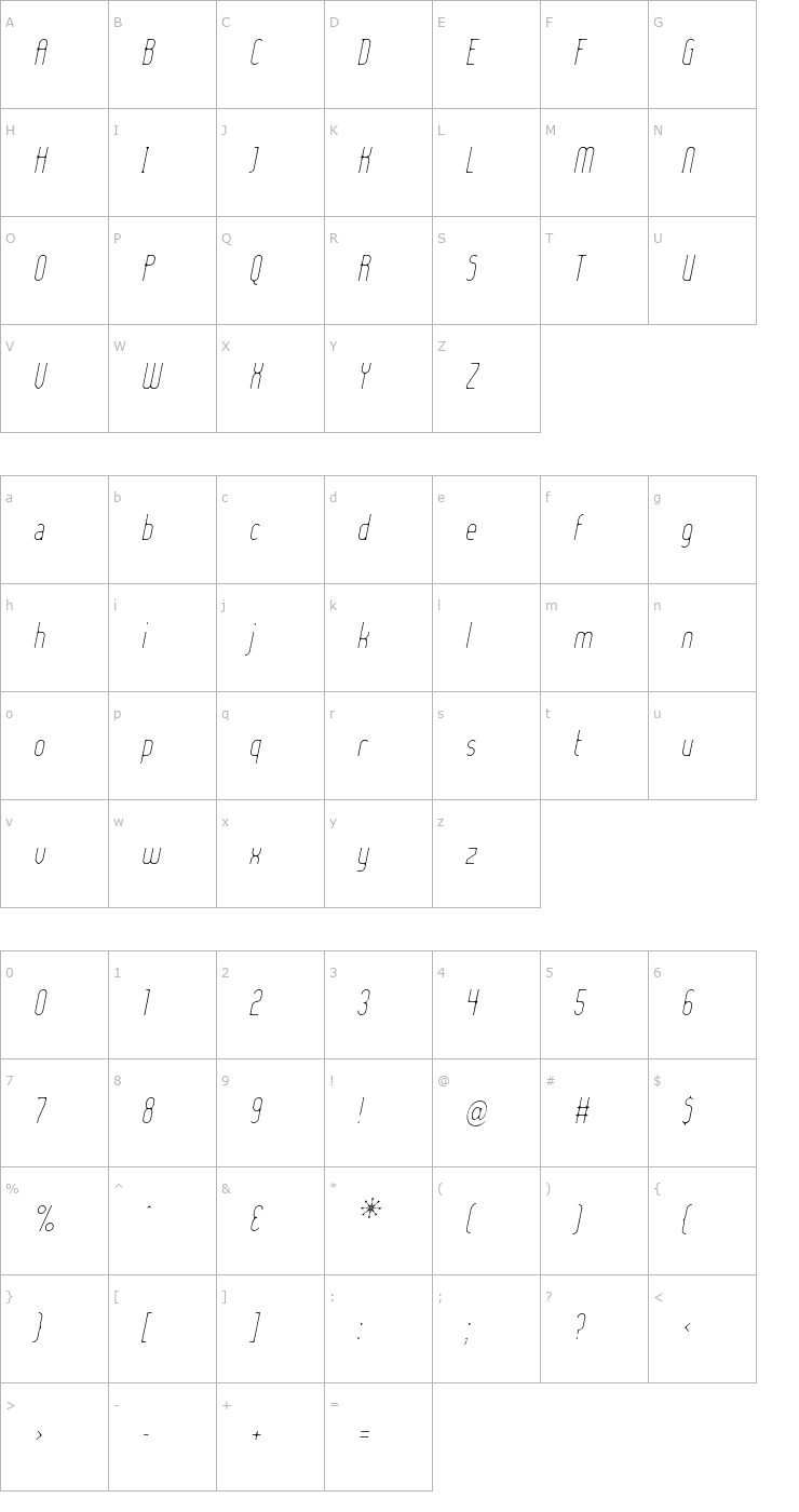 Character Map Lady Ice - Extra Light Italic Font