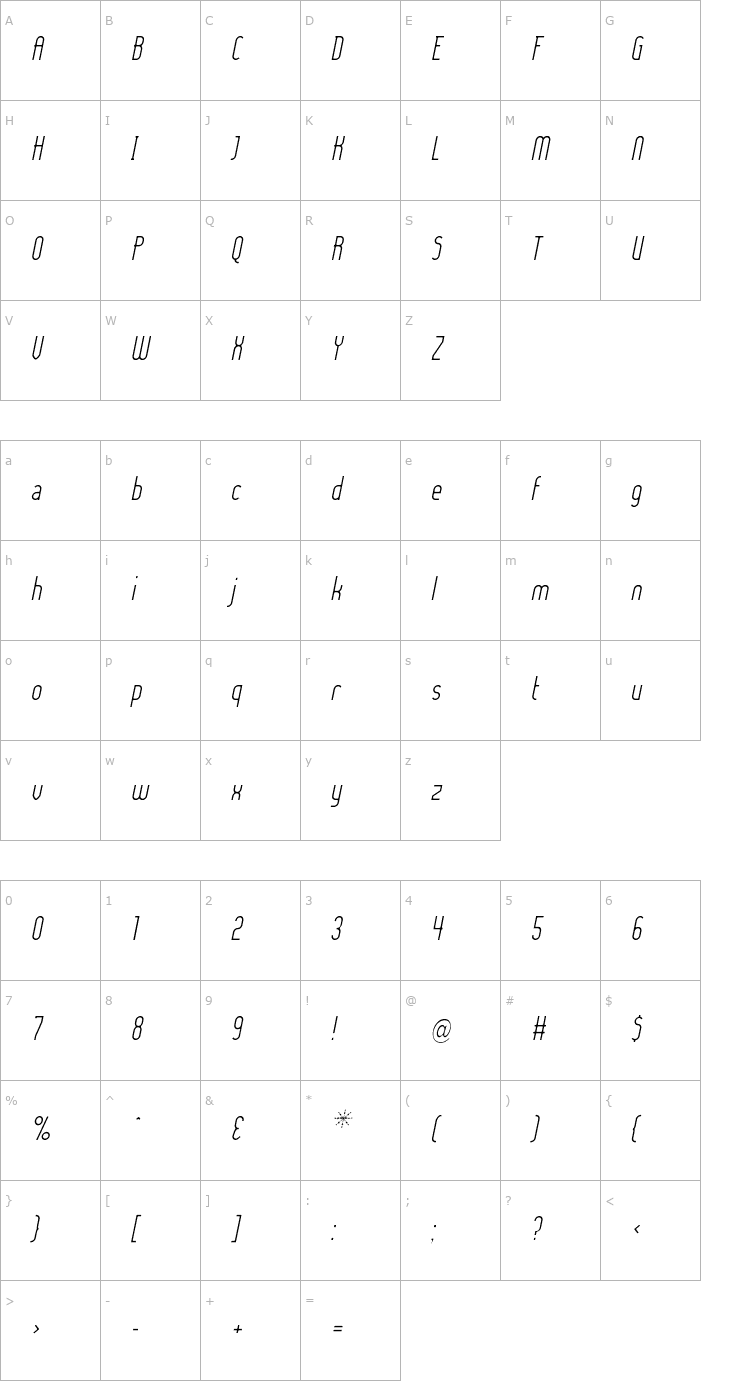 Character Map Lady Ice - Light Italic Font