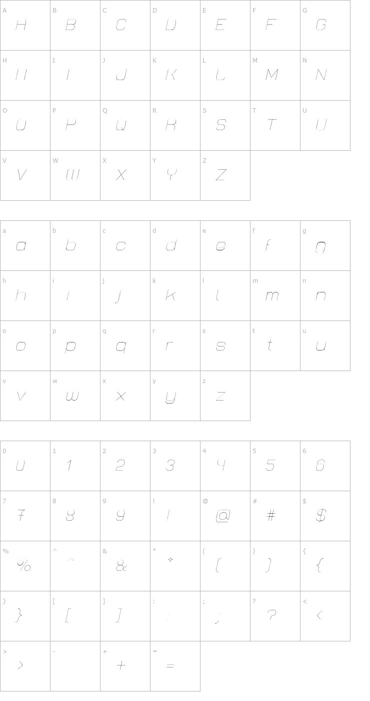 Character Map Lastwaerk thin Oblique Font