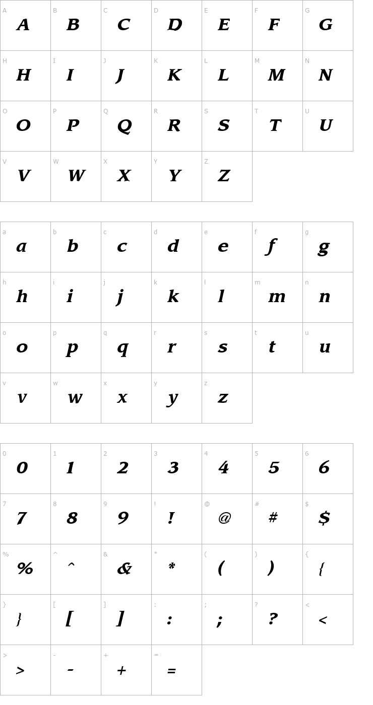 Character Map Leawood Bold Italic Font