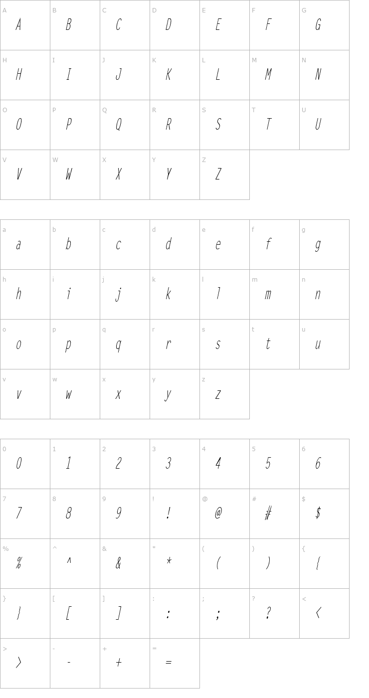 Character Map Lechter Thin Italic Font