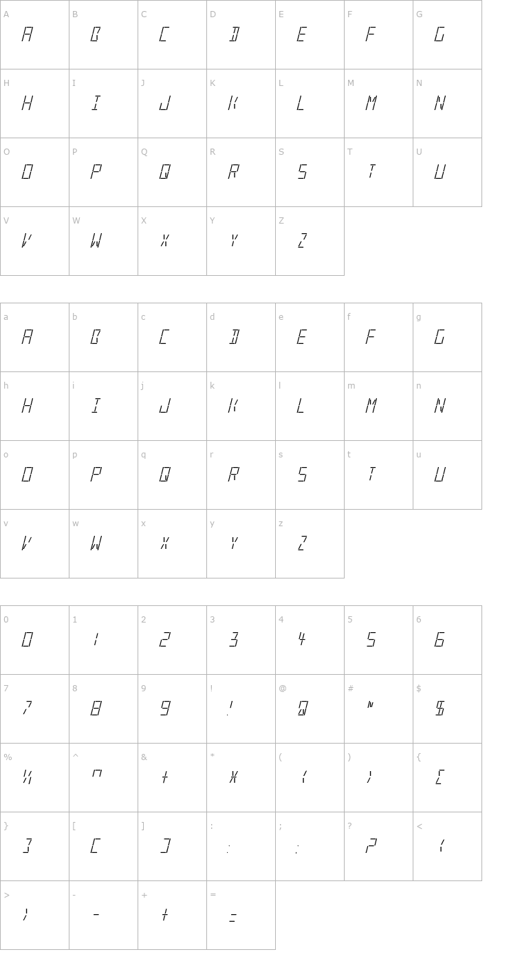Character Map LED Real Italic Font