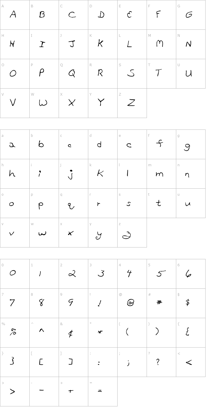 Character Map LeesHand Regular Font