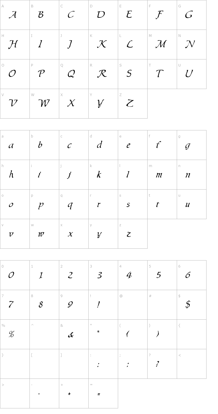 Character Map LeisureCaligraphic Font