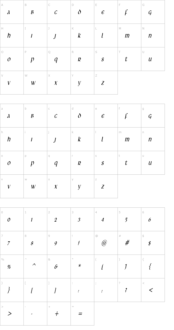 Character Map Leo Thin Italic Font