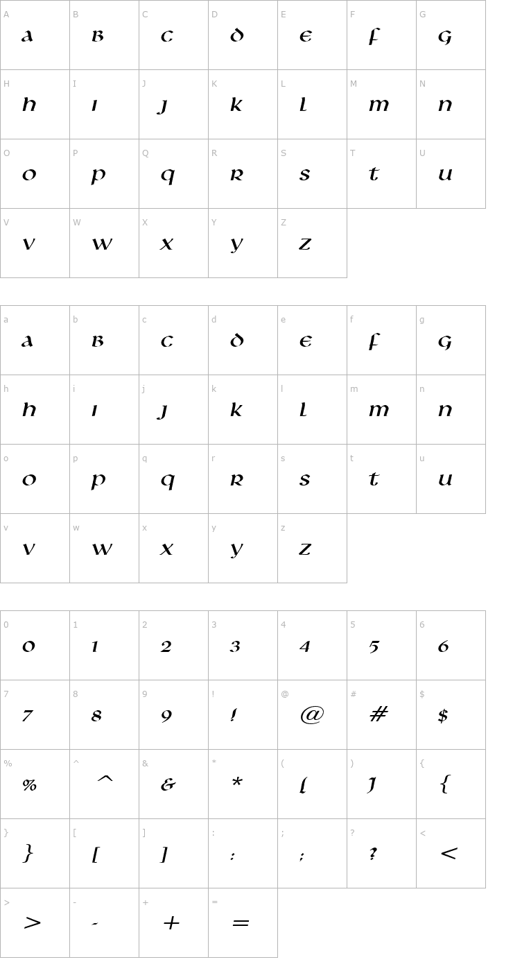 Character Map Leo Wide Italic Font
