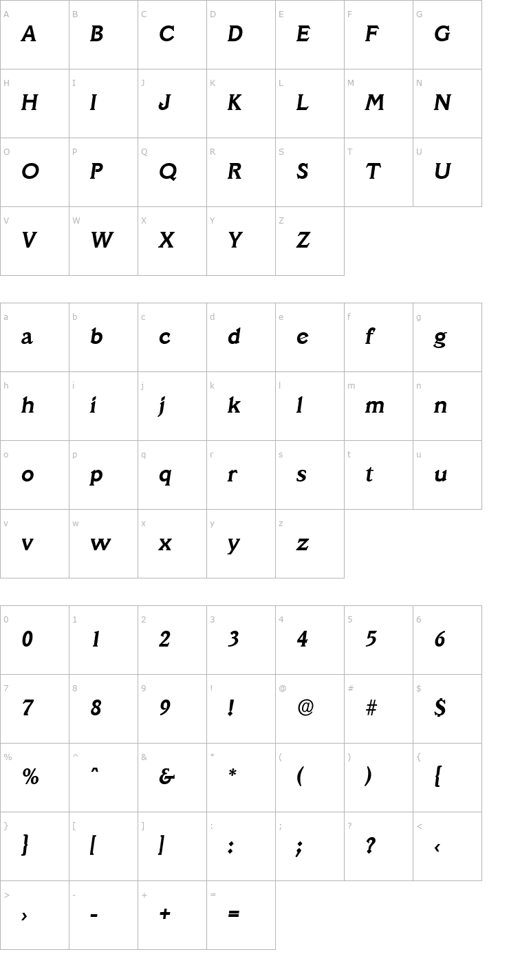 Character Map LeroyBecker Bold Italic Font