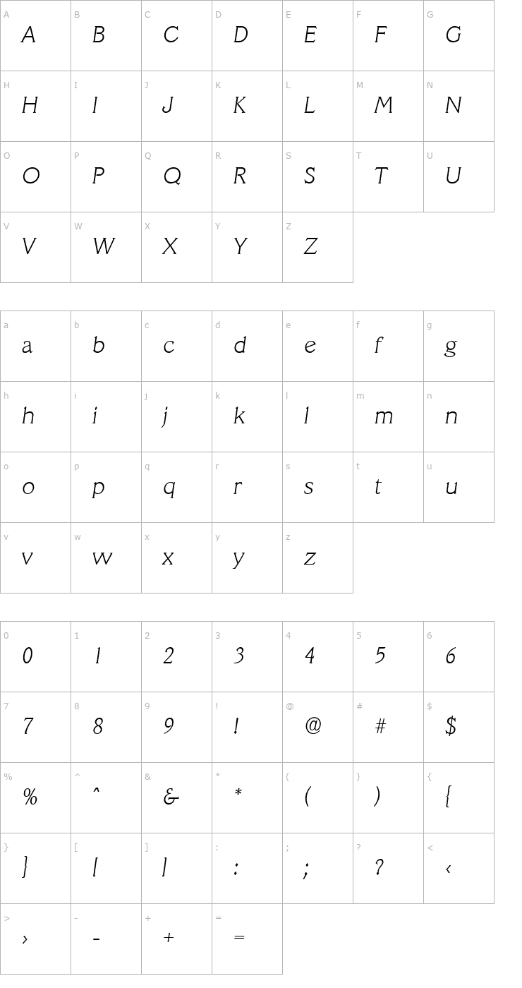 Character Map LeroyBecker-ExtraLight Italic Font