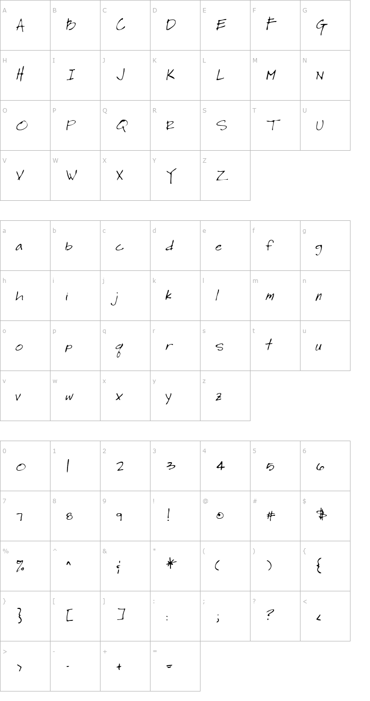 Character Map LeroysHand Regular Font