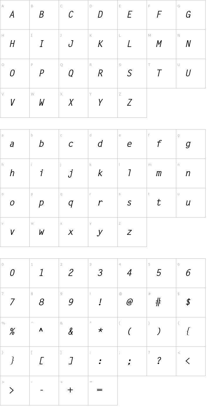 Character Map Letter_Becker_Med_Italic Font
