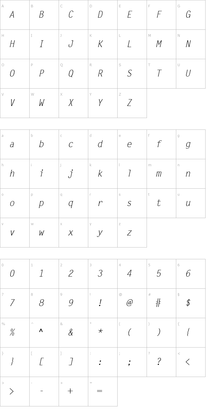 Character Map Letter_Becker_Regular_Italic Font