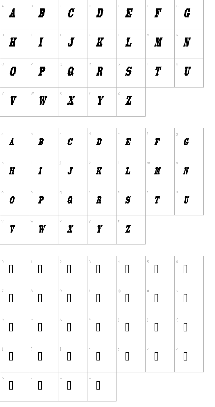 Character Map LibertySpikeCondensed Oblique Font