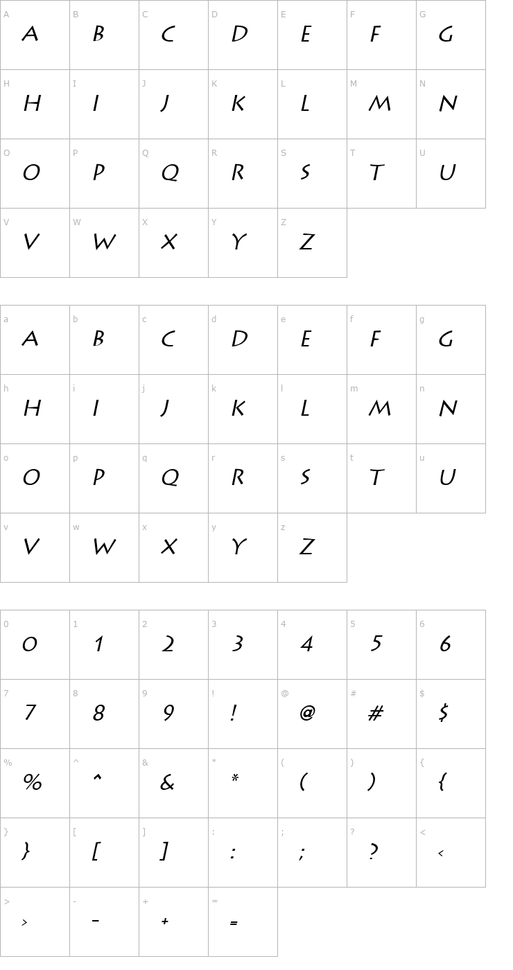 Character Map Liddie Italic Font