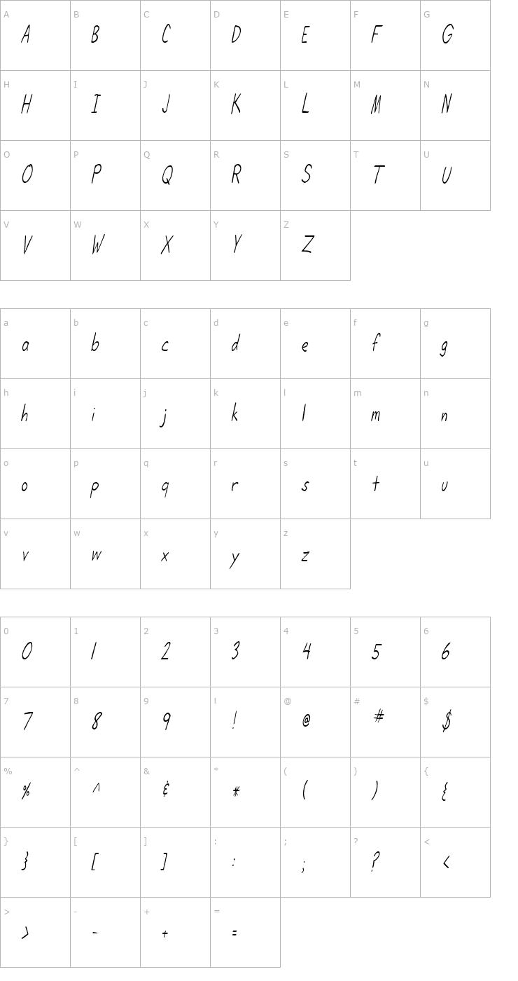 Character Map LifetimeCondensed Oblique Font