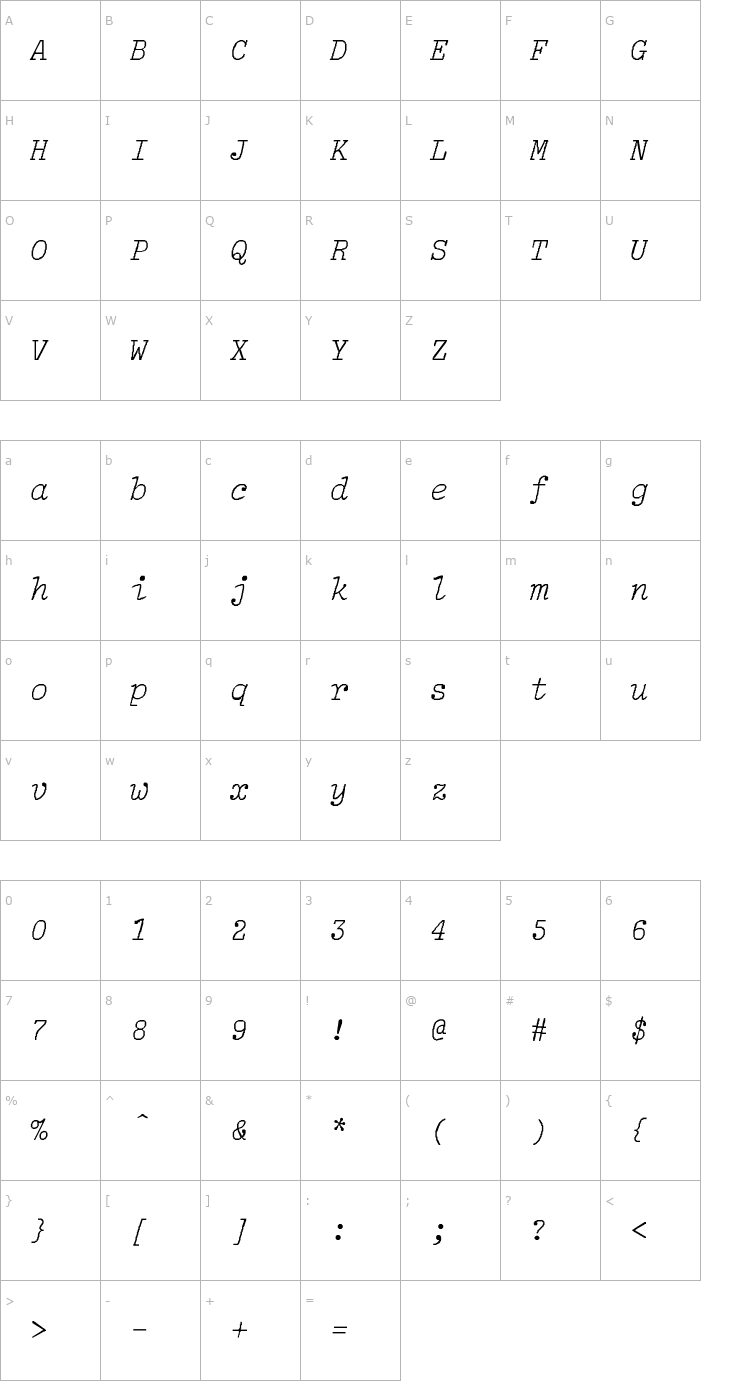 Character Map LightItalic-Lig Font