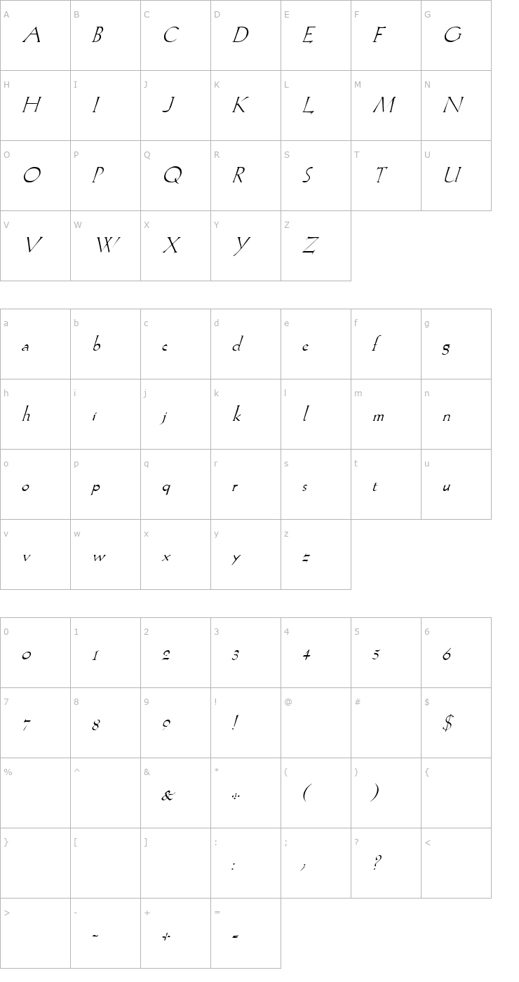 Character Map Lilith Italic Font