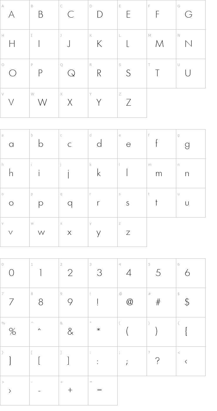 Character Map Limerick-Xlight Font