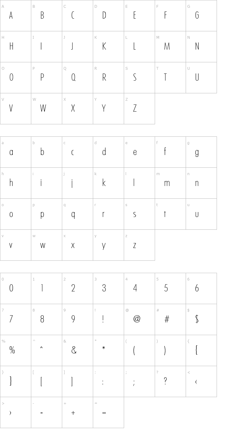 Character Map Limerick-XlightCond Font