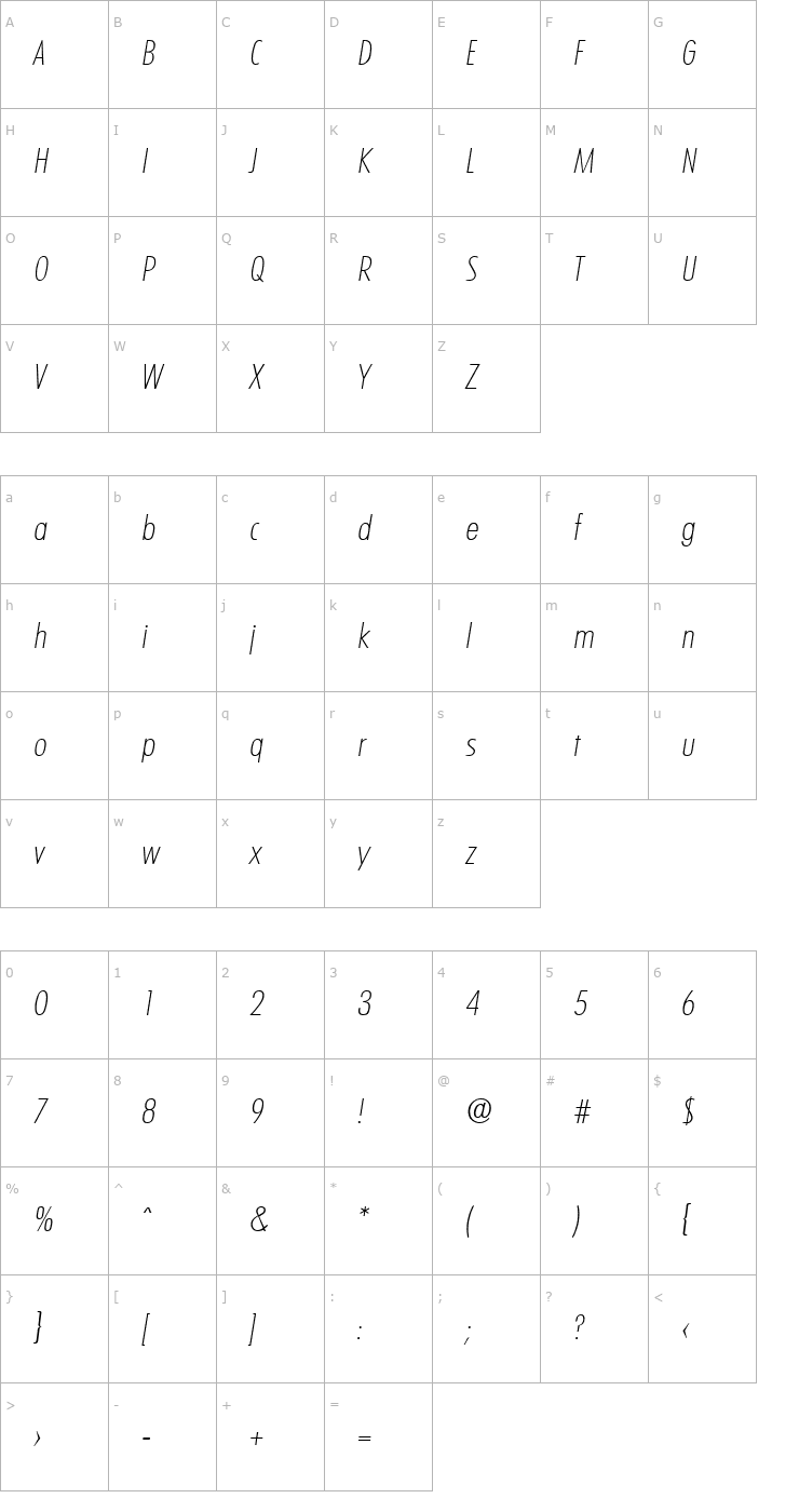 Character Map Limerick-XlightCondIta Font